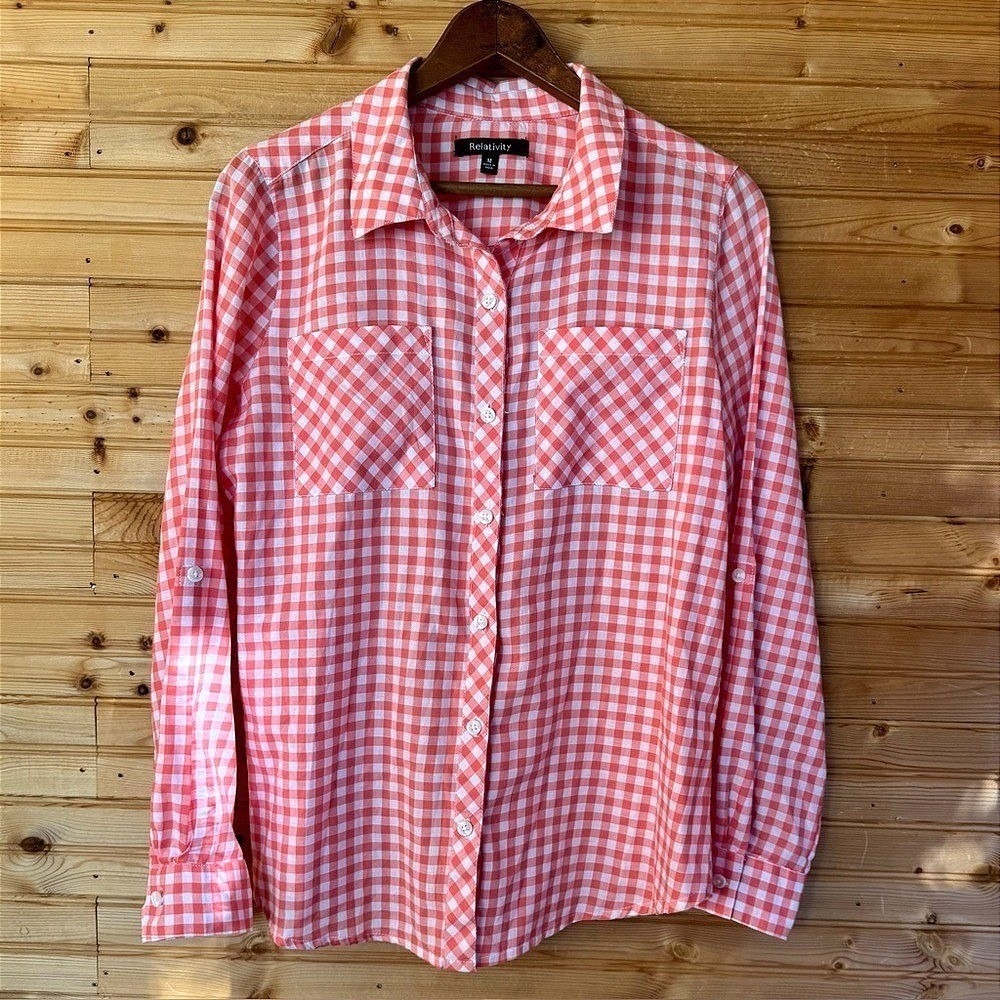 Relativity Gingham Long Sleeved Button Down Orange Checkered Medium Southern